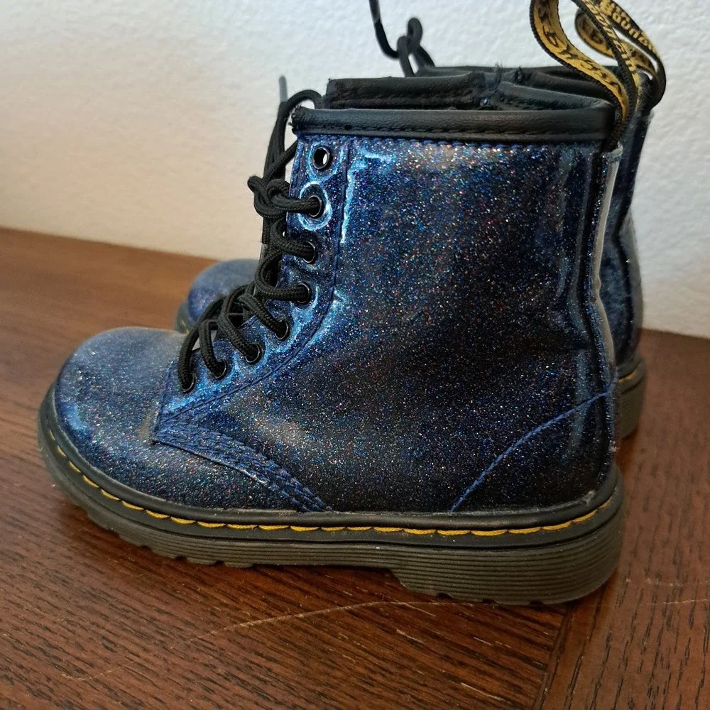 Dr. Martens Delaney Blue Glitter Lace Up Side Zip Ankle Boots Kids 8 UK 9 US